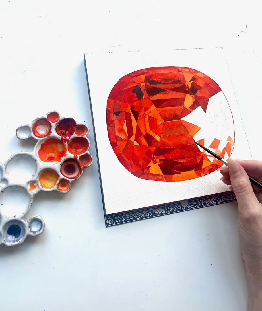Faceted orange Spessartine garnet gemstone painting in watercolor and acrylic on white background.