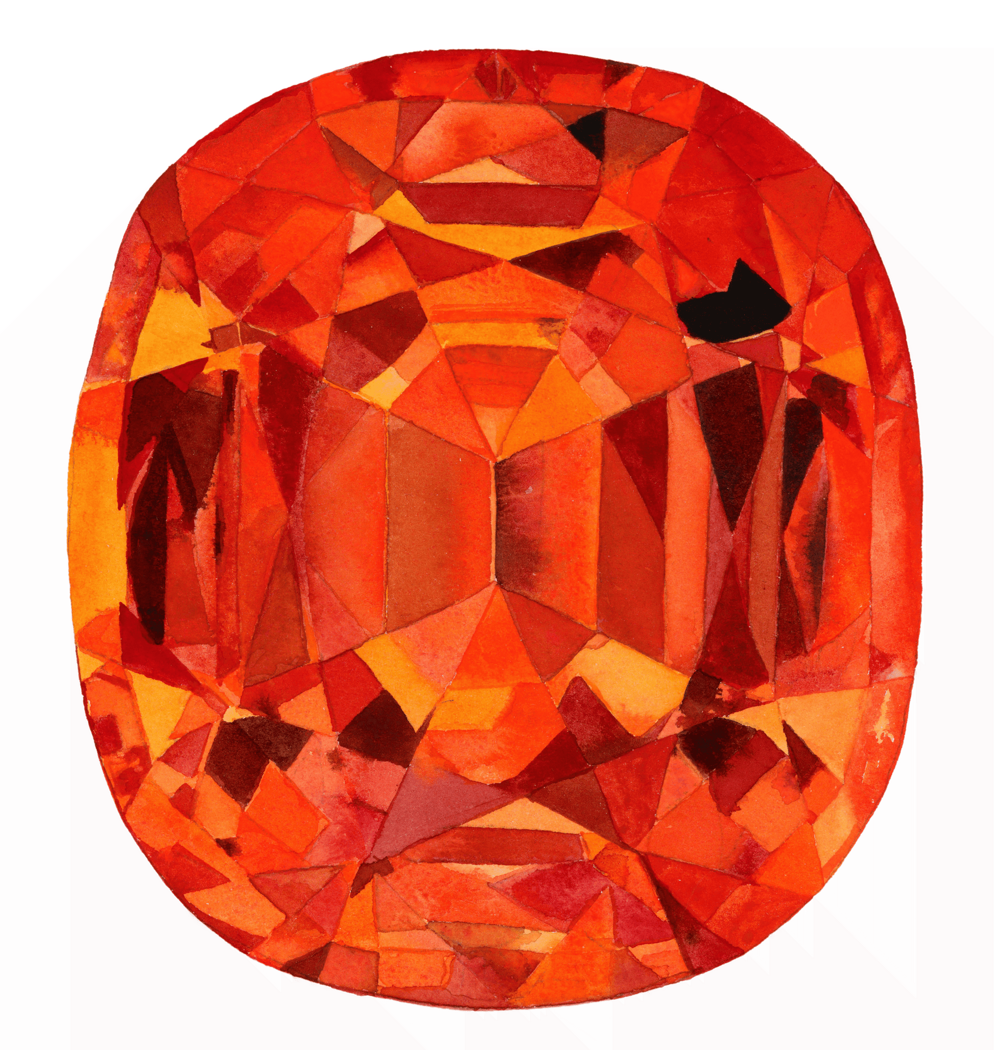 Faceted orange Spessartine garnet gemstone painting in watercolor and acrylic on white background.