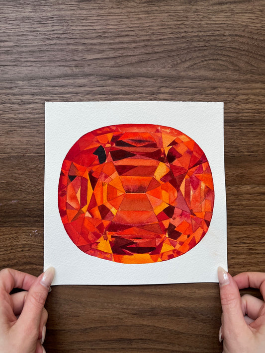 Faceted orange Spessartine garnet gemstone painting in watercolor and acrylic on white background.